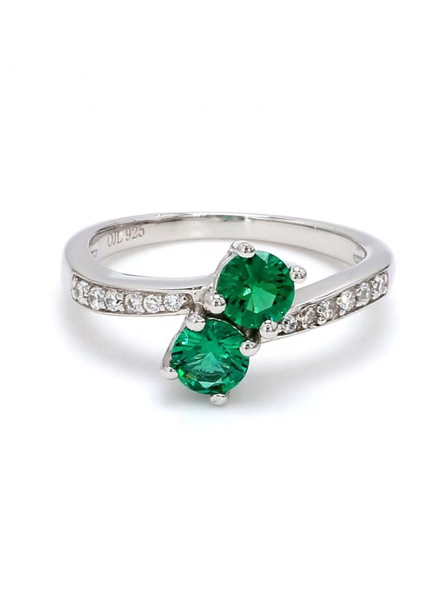 Double Solitaire Emerald Silver Ring