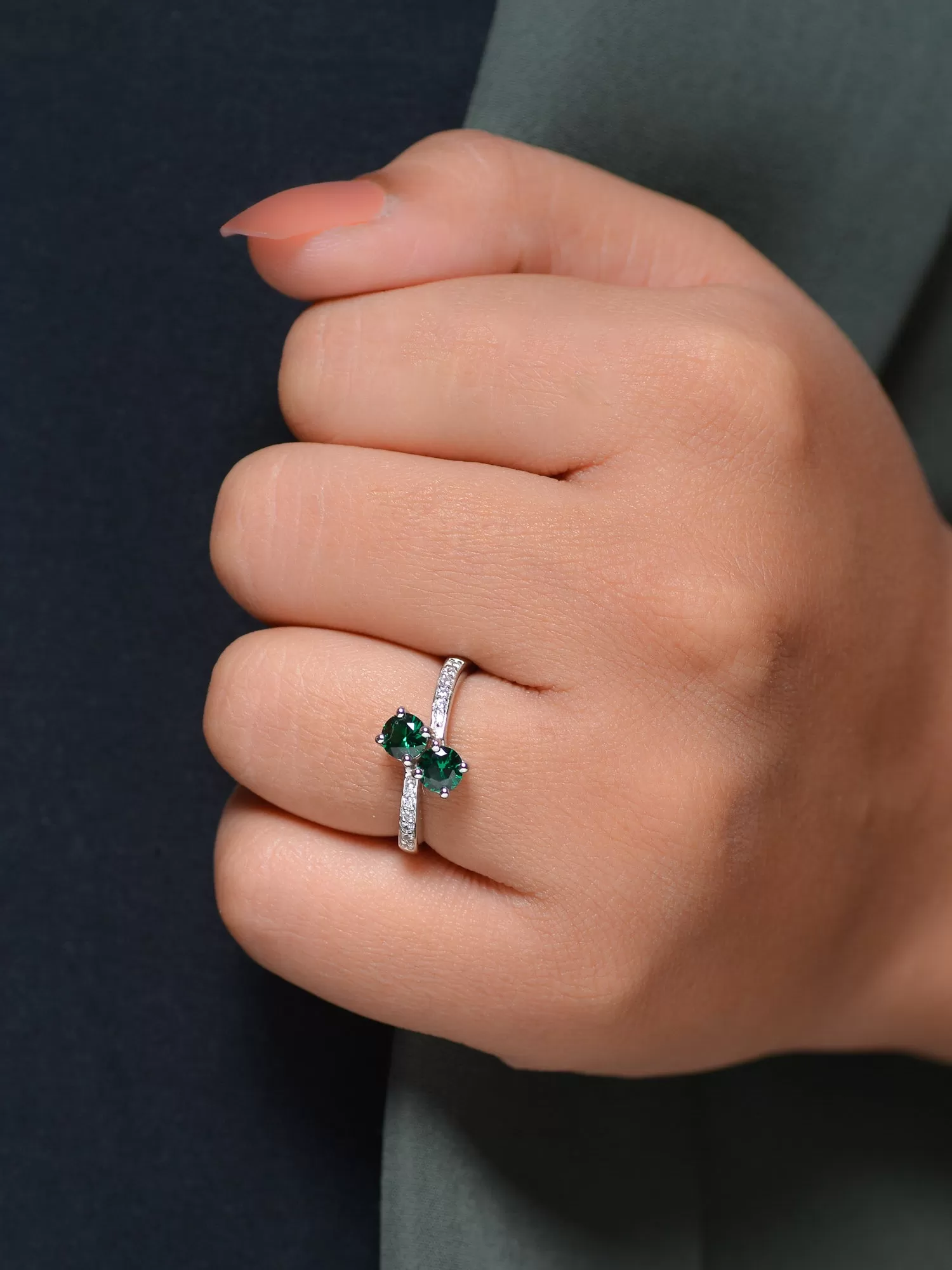 Double Solitaire Emerald Silver Ring