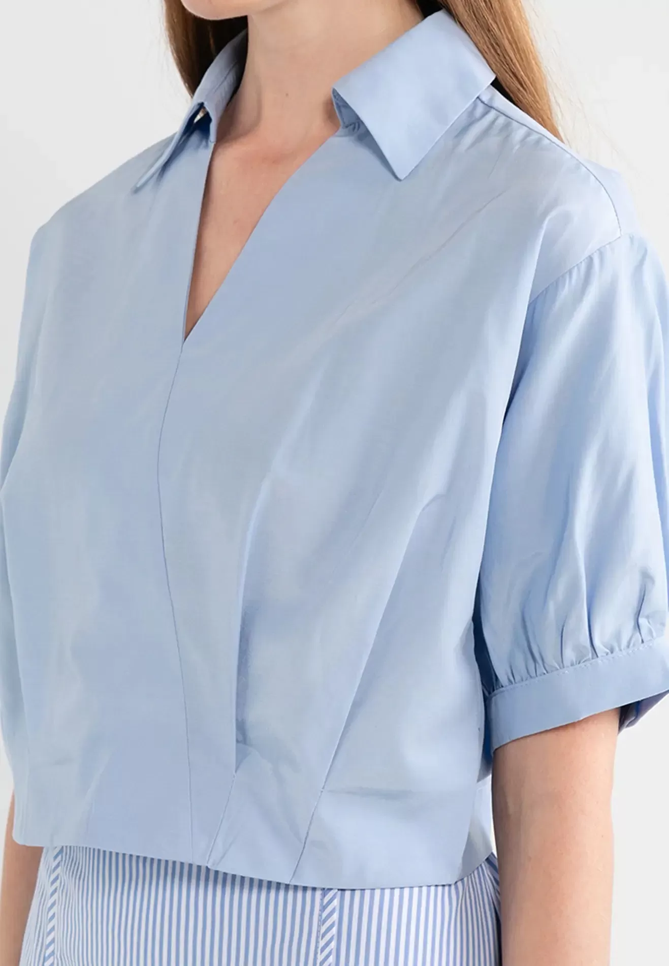 ELLE Apparel V-Neck Collared Crop Blouse