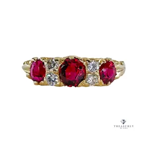 English GIA NO HEAT Vintage 2.20ct Pigeon Blood Red Ruby Trilogy Diamond 18k Gold Ring