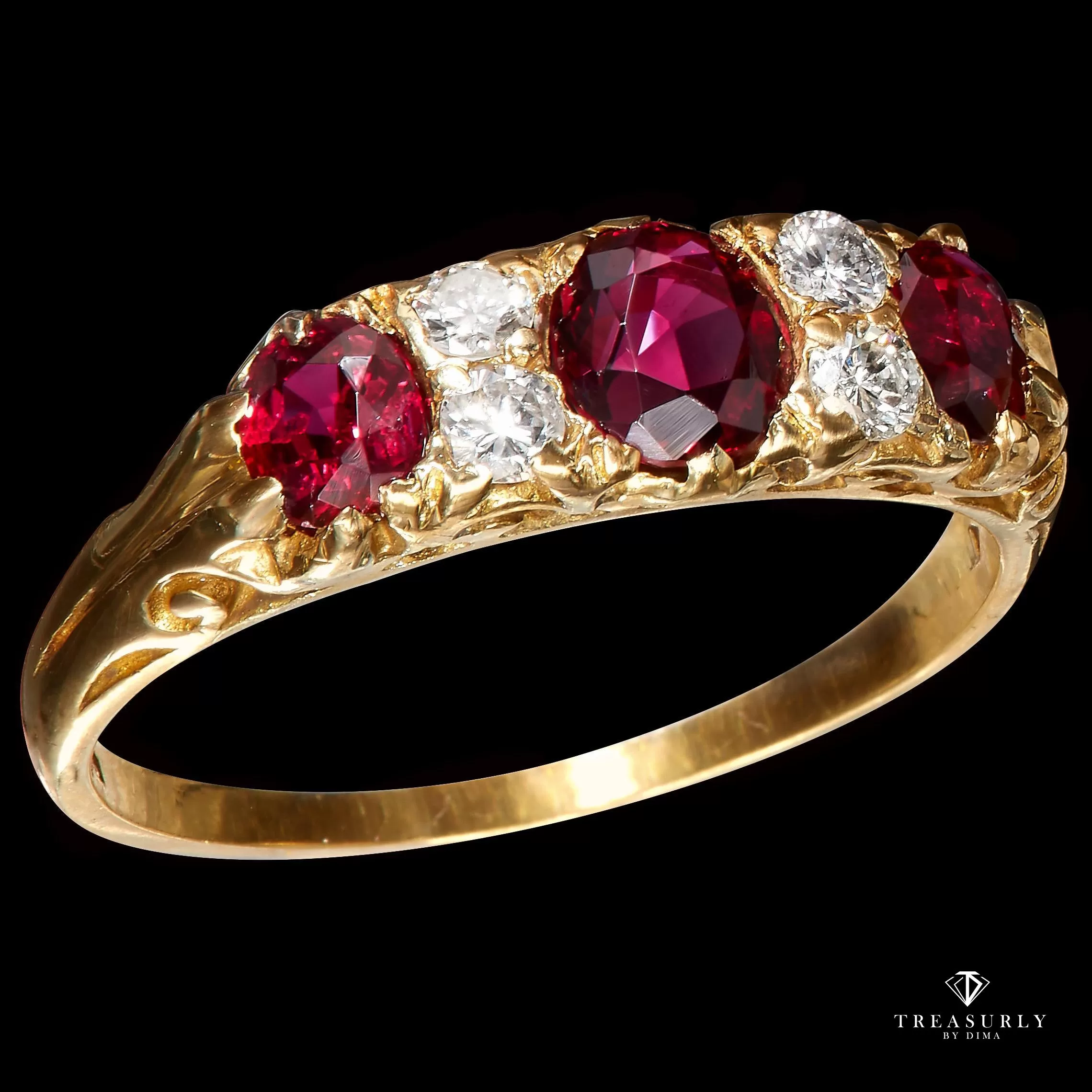 English GIA NO HEAT Vintage 2.20ct Pigeon Blood Red Ruby Trilogy Diamond 18k Gold Ring