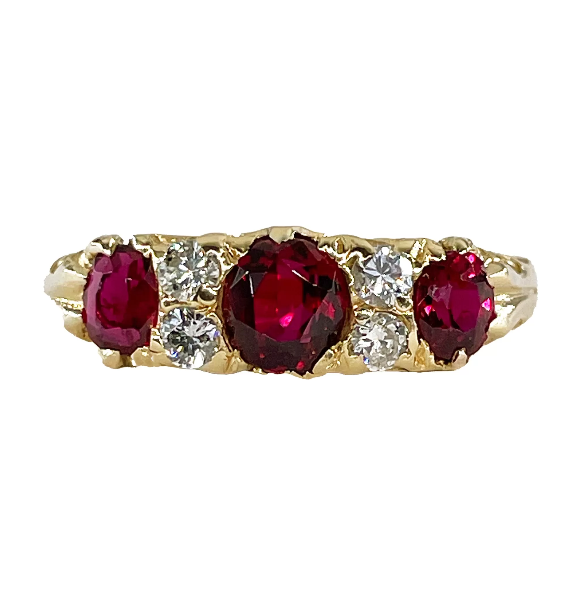 English GIA NO HEAT Vintage 2.20ct Pigeon Blood Red Ruby Trilogy Diamond 18k Gold Ring