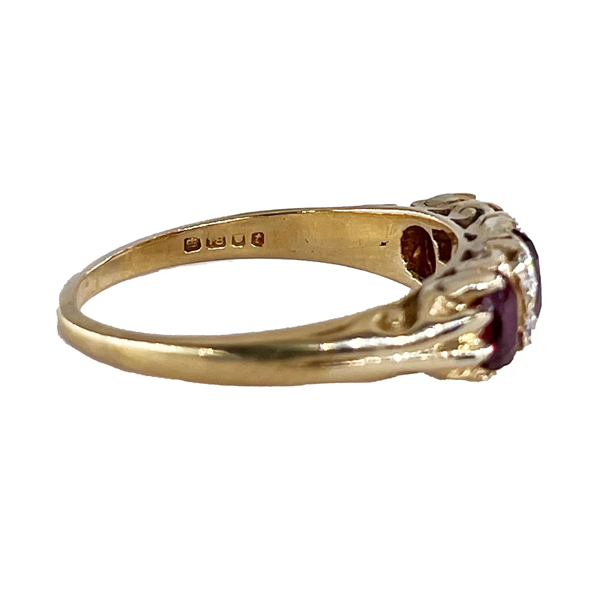 English GIA NO HEAT Vintage 2.20ct Pigeon Blood Red Ruby Trilogy Diamond 18k Gold Ring