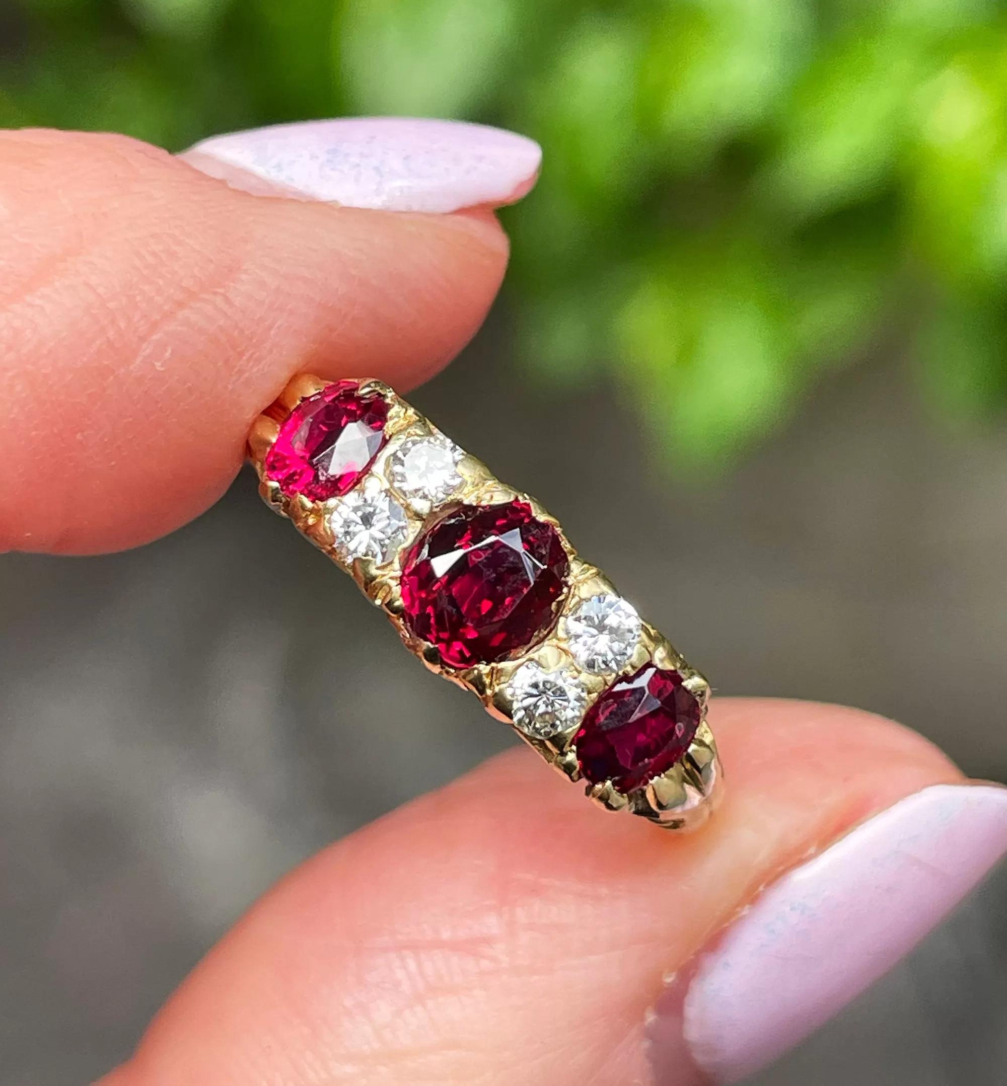 English GIA NO HEAT Vintage 2.20ct Pigeon Blood Red Ruby Trilogy Diamond 18k Gold Ring