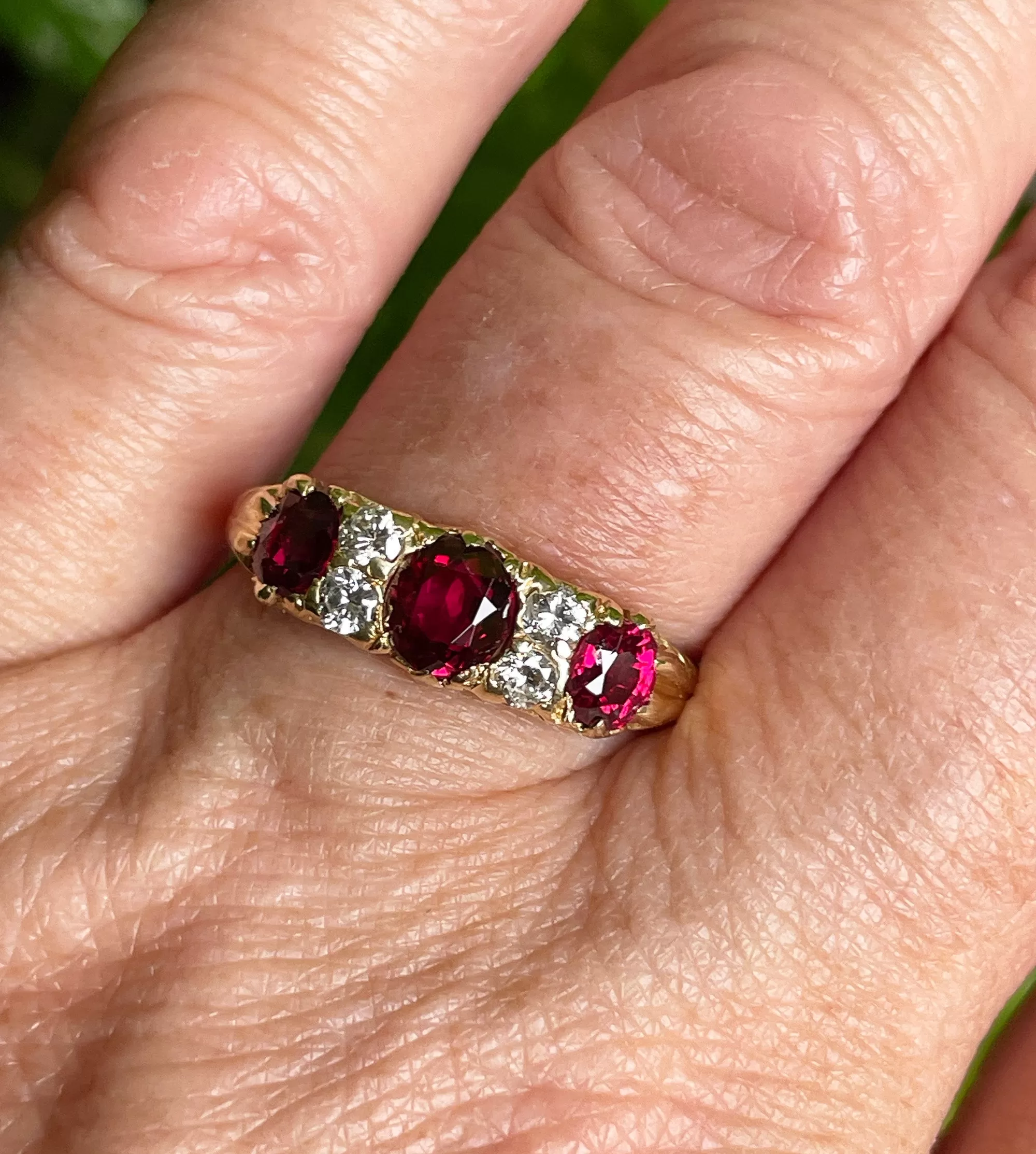 English GIA NO HEAT Vintage 2.20ct Pigeon Blood Red Ruby Trilogy Diamond 18k Gold Ring