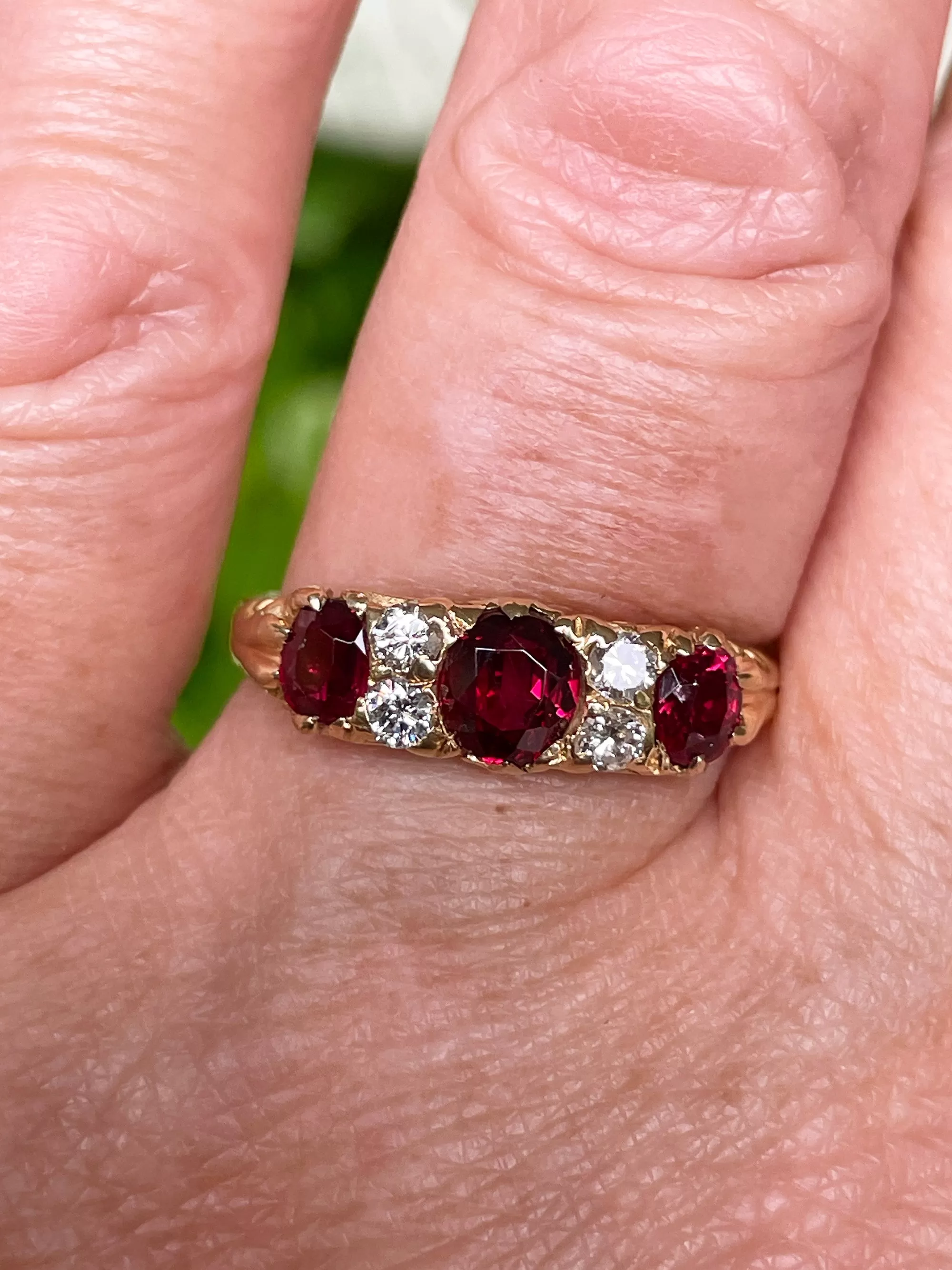 English GIA NO HEAT Vintage 2.20ct Pigeon Blood Red Ruby Trilogy Diamond 18k Gold Ring