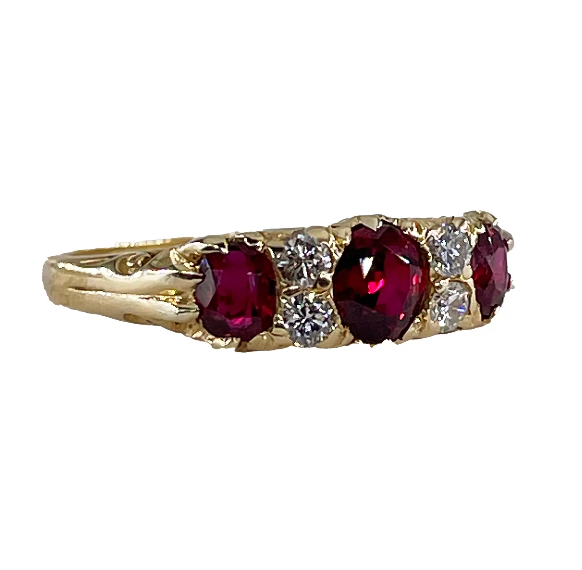 English GIA NO HEAT Vintage 2.20ct Pigeon Blood Red Ruby Trilogy Diamond 18k Gold Ring