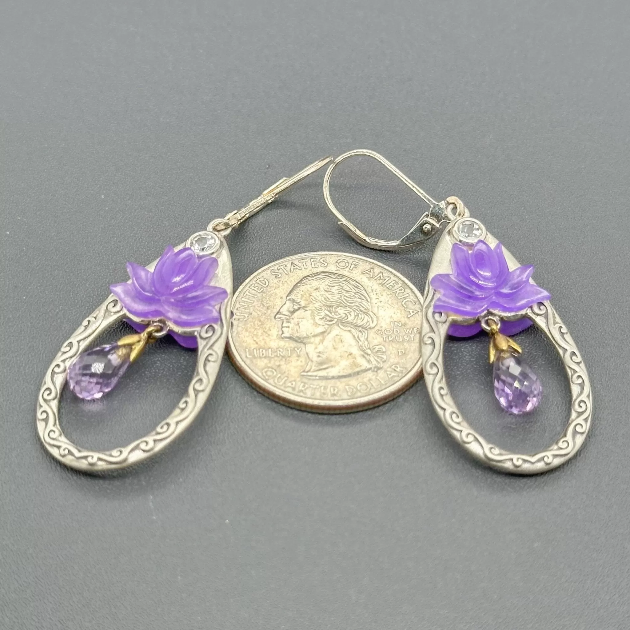 Estate SS Purple Lotus Flower Drop Earrings