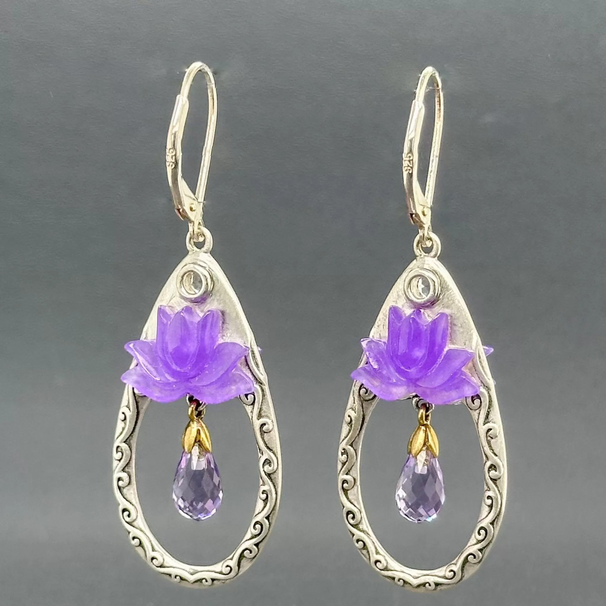 Estate SS Purple Lotus Flower Drop Earrings