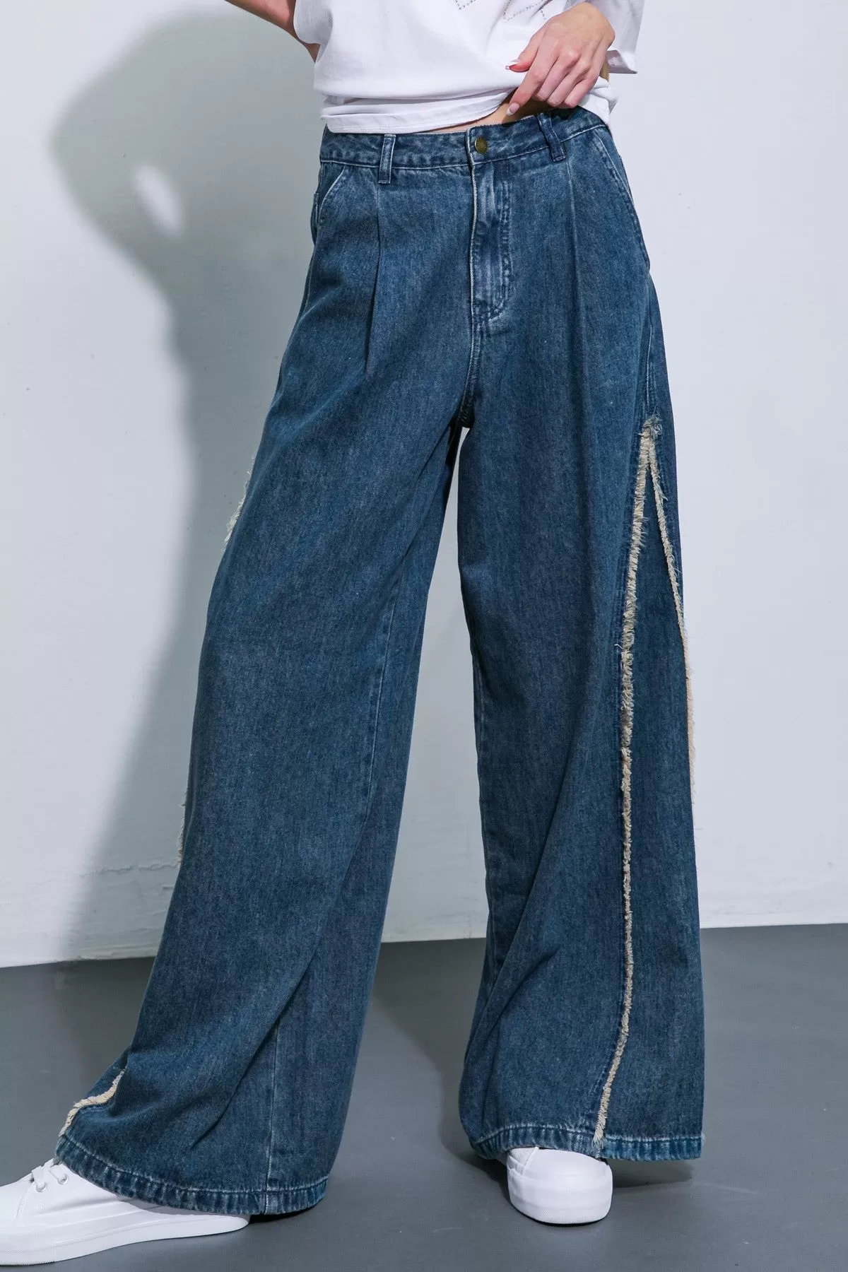 Fringed Pleated Indigo Denim Jeans