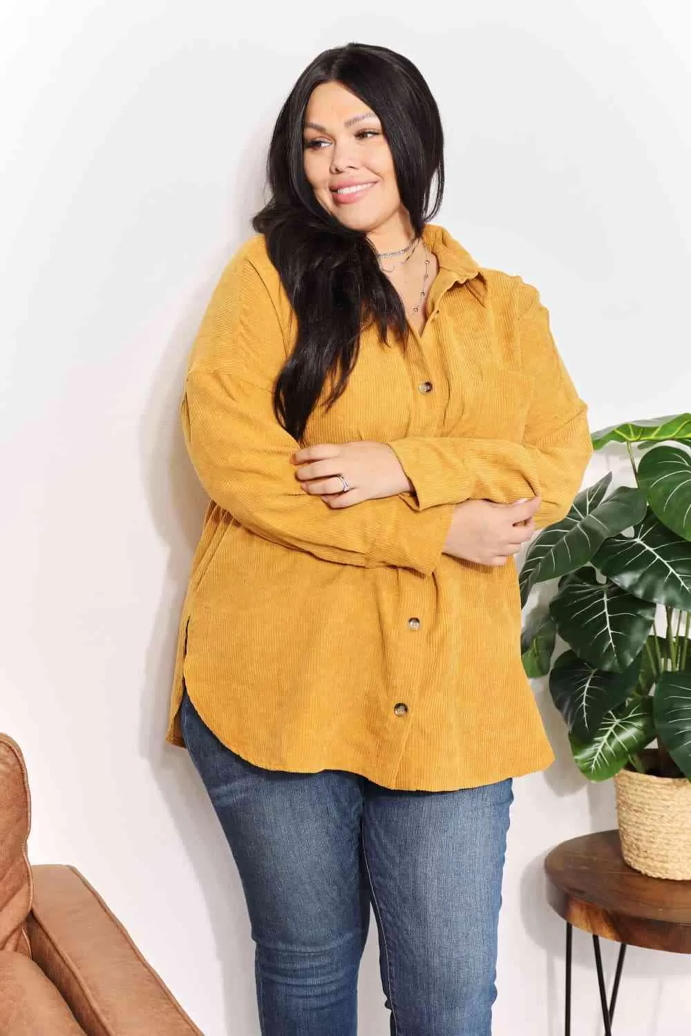 Full Size Oversized Corduroy Button-Down Tunic Shirt with Bust Pocket