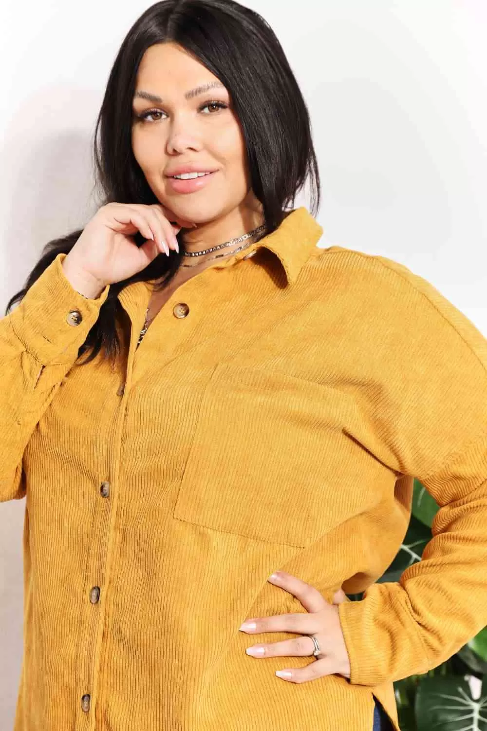 Full Size Oversized Corduroy Button-Down Tunic Shirt with Bust Pocket