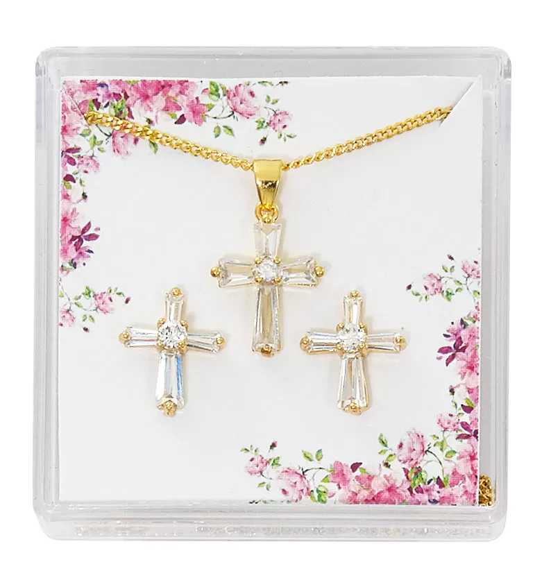 Gold Plated CZ Baguette Cross Earrings and Necklace