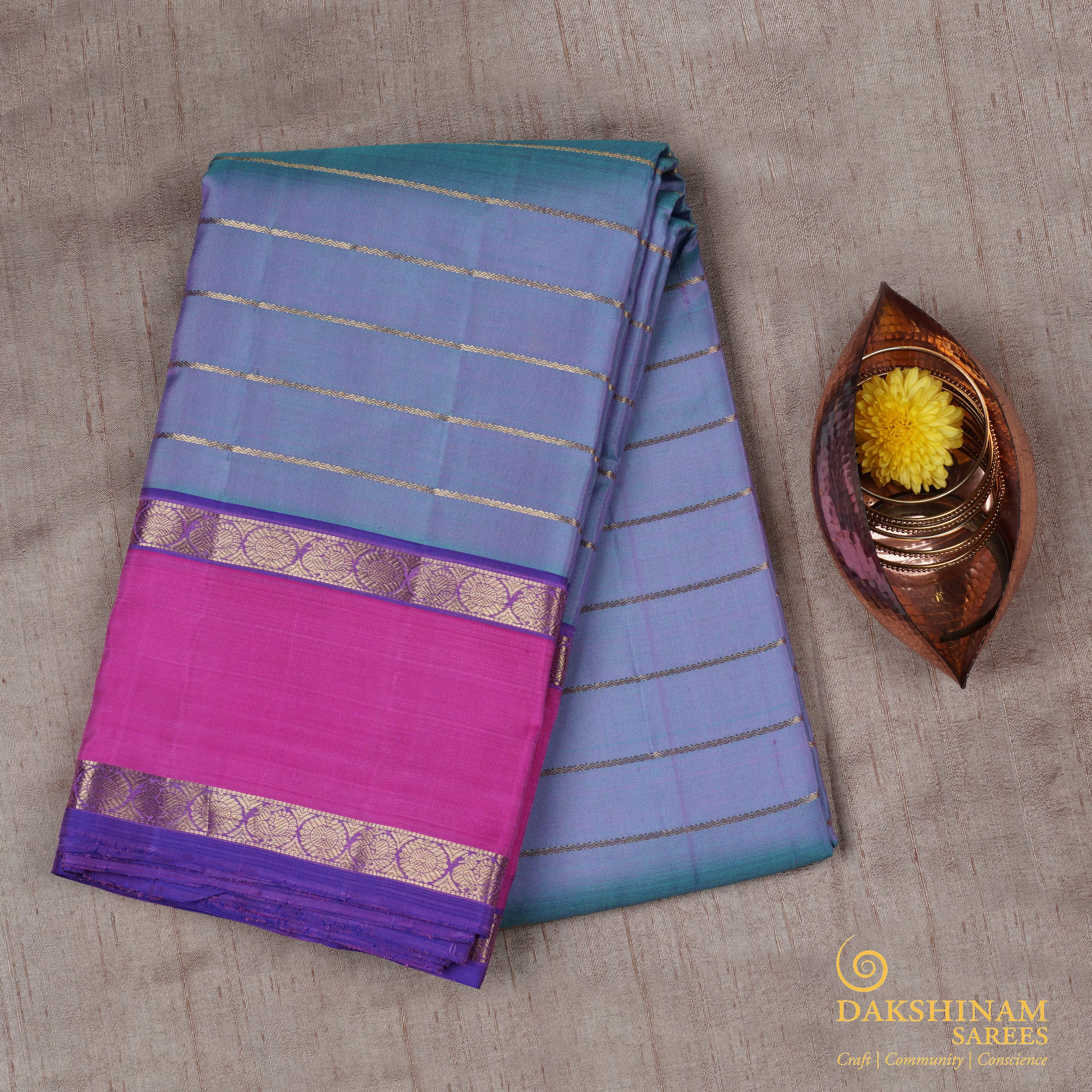 Handwoven Blue shot with Pink and Purple Kanjivaram Silk Saree - 1601T006096DSC