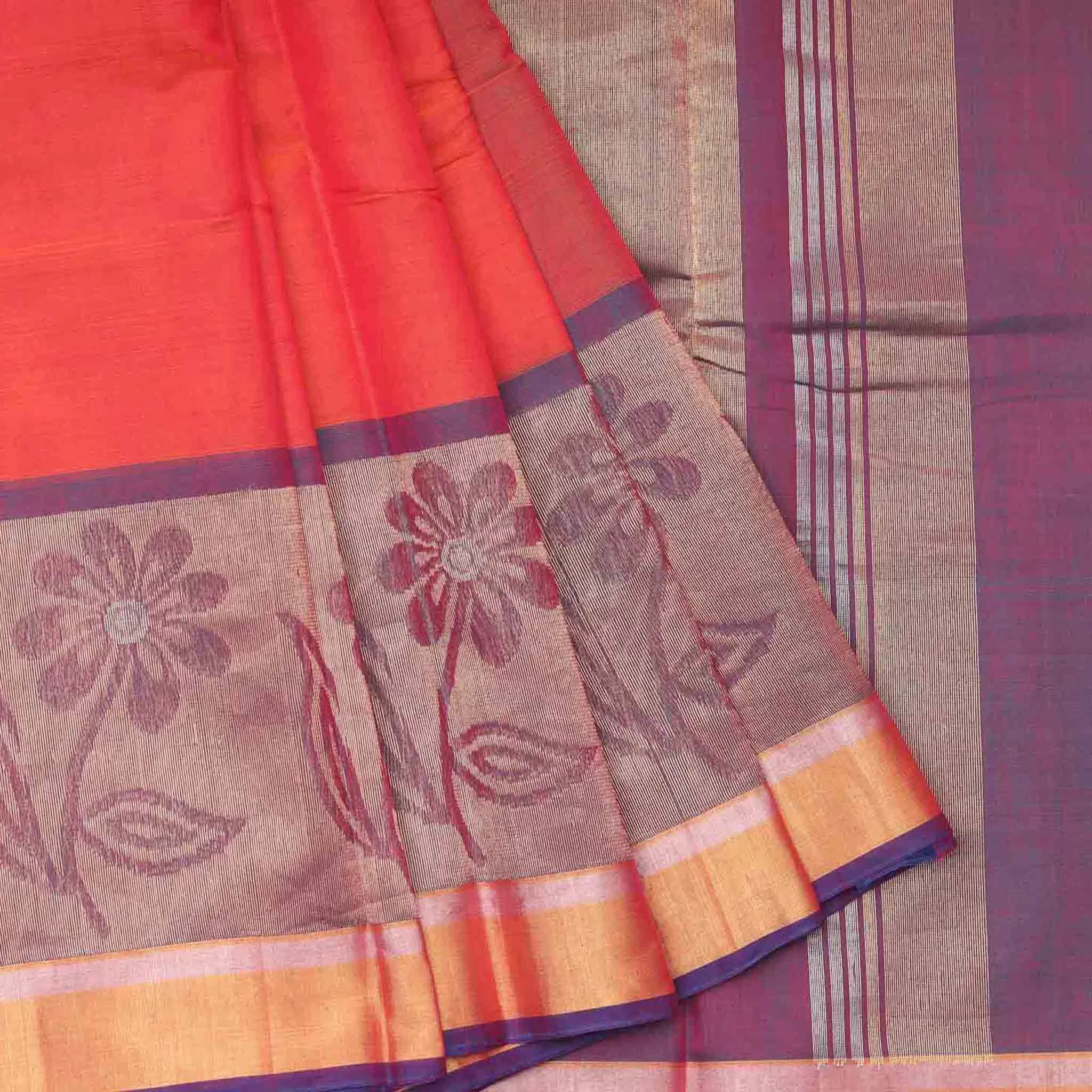 Handwoven Orange with Purple Silk Cotton Saree- 151N005034DSA