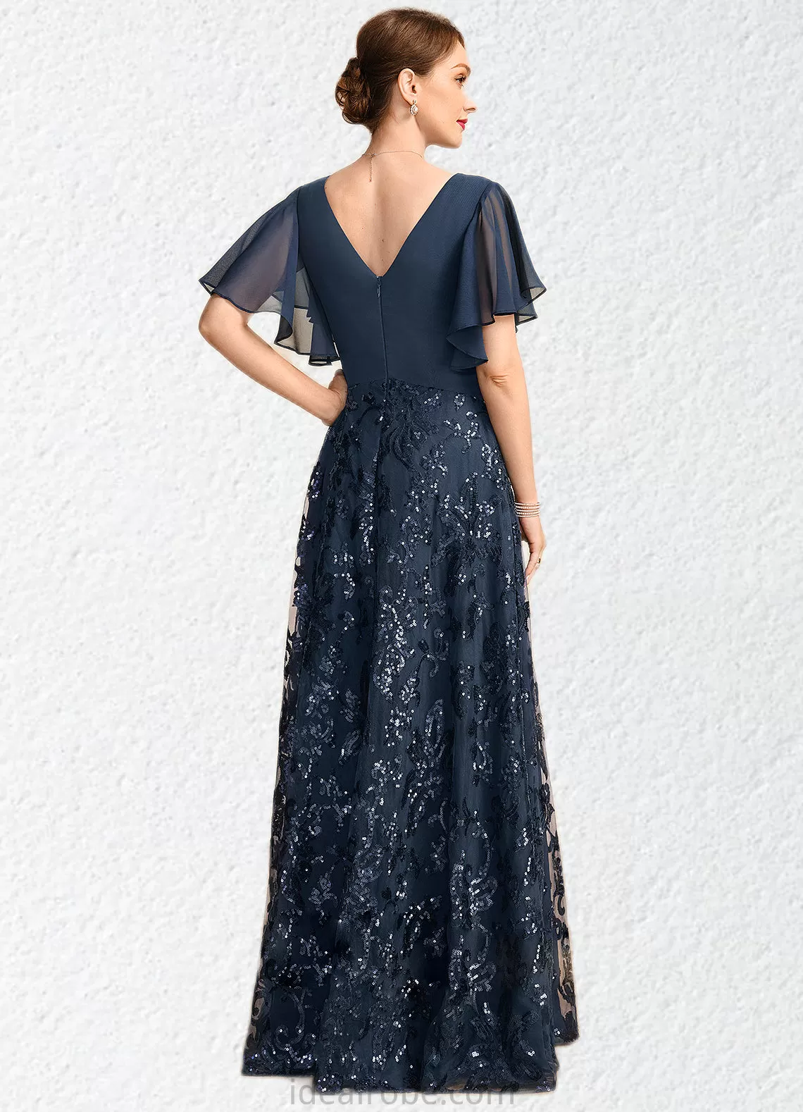 Harley A-line V-Neck Floor-Length Chiffon Lace Sequin Mother of the Bride Dress With Pleated STKP0021648