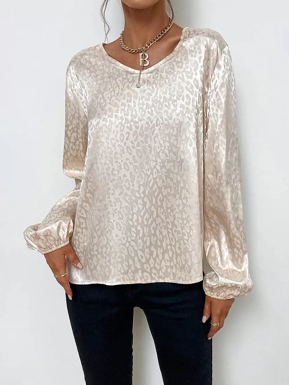 Leopard Print Sparkly Long Sleeve Women's Blouse