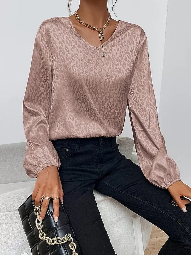 Leopard Print Sparkly Long Sleeve Women's Blouse