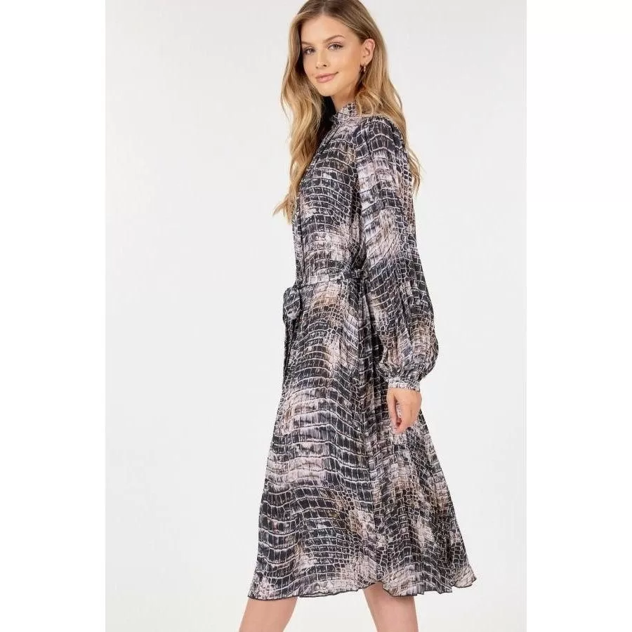 Long Sleeve Pleated Snake Skin Print Midi Dress