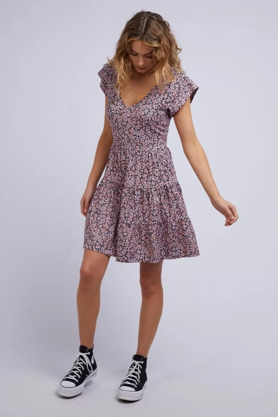 Marnie SS Tiered Purple Print Mini Dress