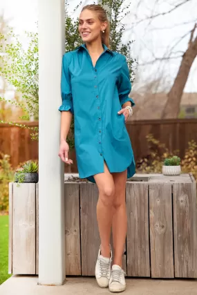 Miller Puff Sleeve Shirt Dress Teal Weathercloth