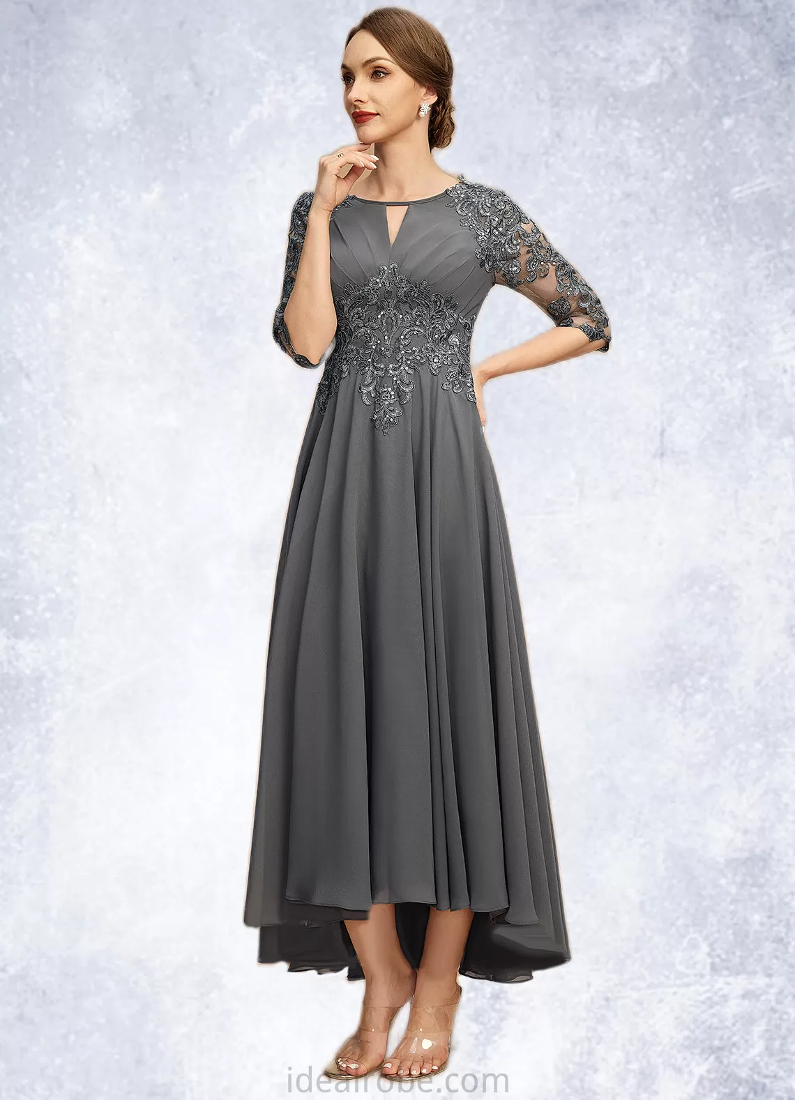 Nancy A-line Scoop Asymmetrical Chiffon Lace Mother of the Bride Dress With Pleated Sequins STKP0021812