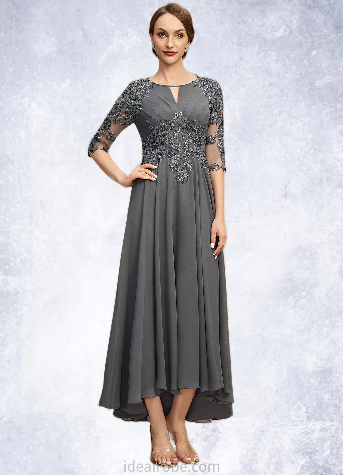 Nancy A-line Scoop Asymmetrical Chiffon Lace Mother of the Bride Dress With Pleated Sequins STKP0021812