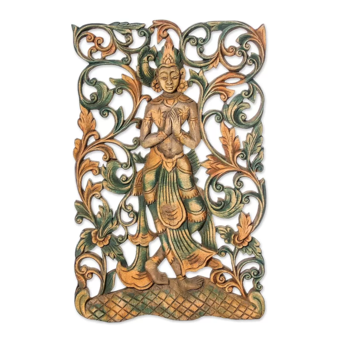 Novica Angel Walk Teak Relief Panel