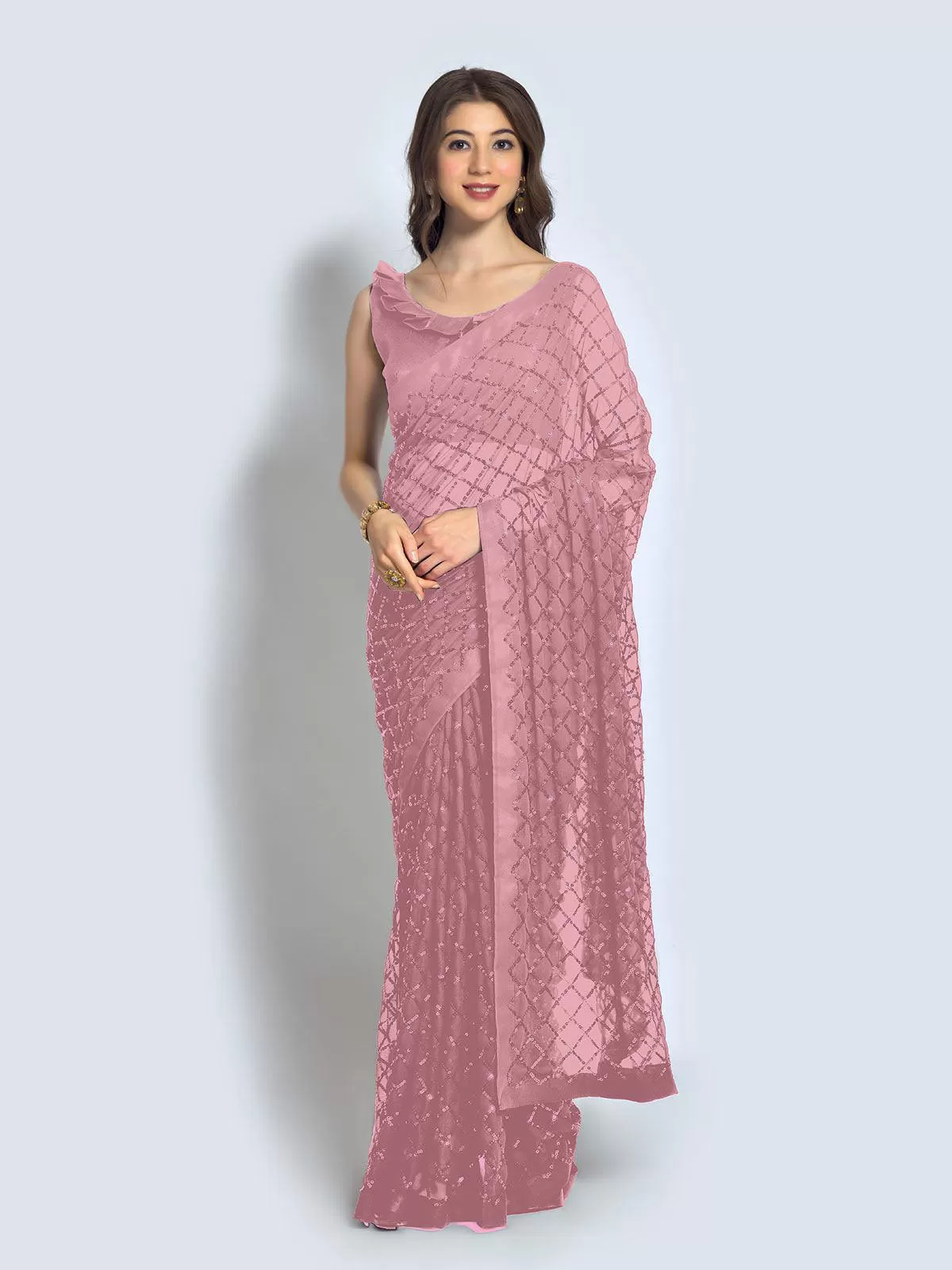 Odette Women Onion Pink Designer Sequins Saree With Unstitched Blouse