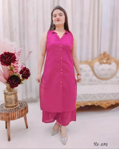 Pink Cotton Hand Work Kurti Pant Set Of 2