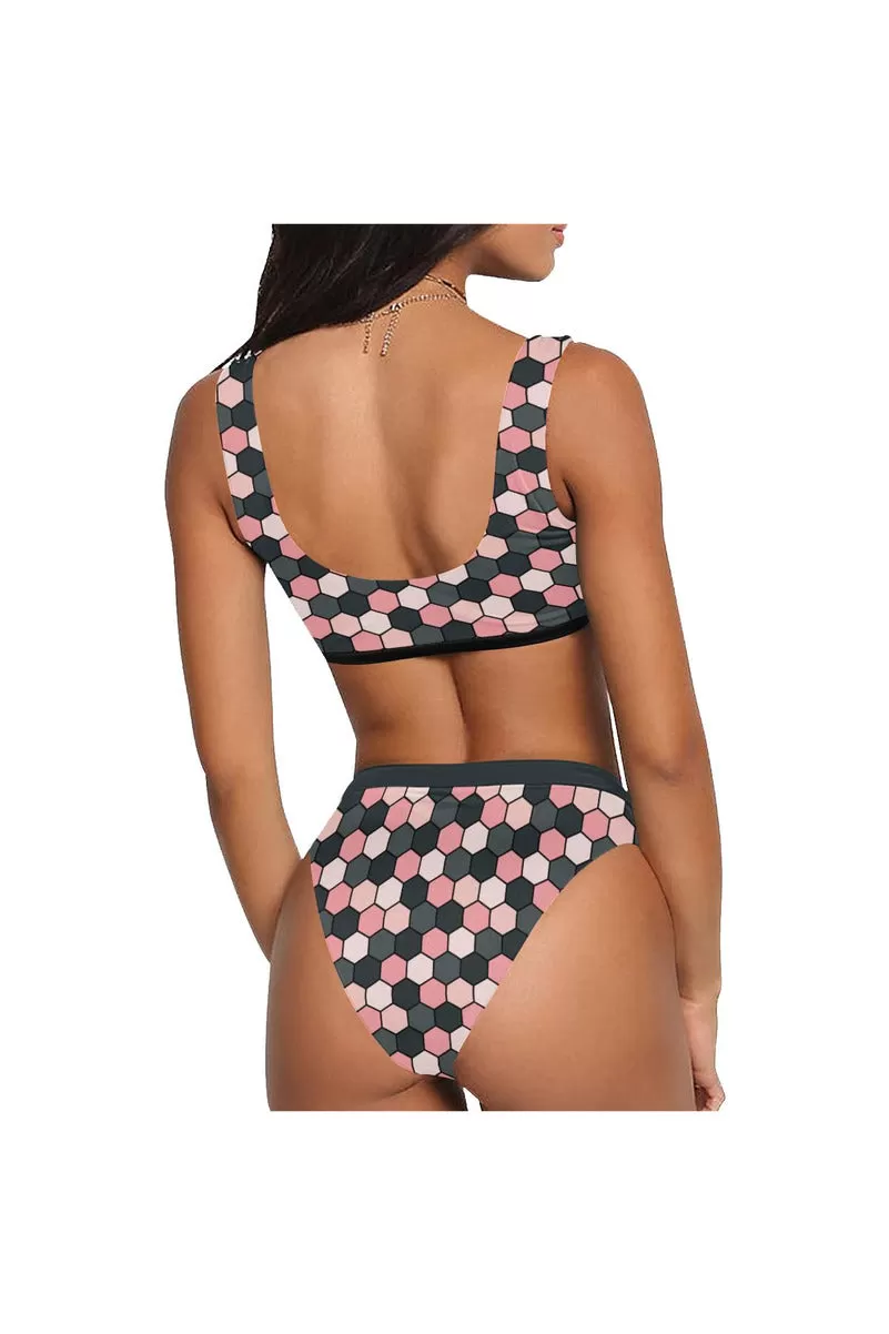 Pink Honeycomb Sport Top & High-Waist Bikini Swimsuit