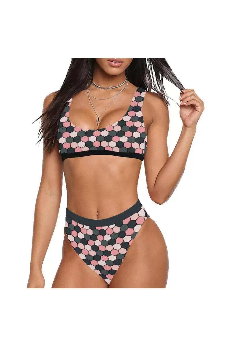 Pink Honeycomb Sport Top & High-Waist Bikini Swimsuit