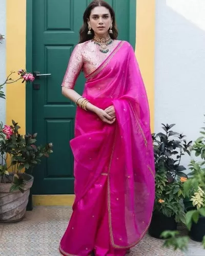 Pink Soft Organza With Pearl Handwork Saree