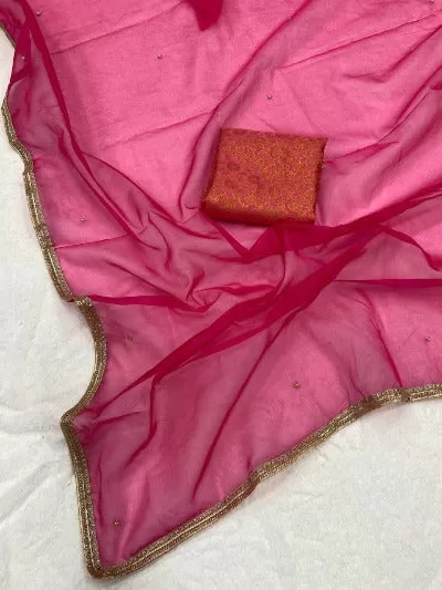 Pink Soft Organza With Pearl Handwork Saree