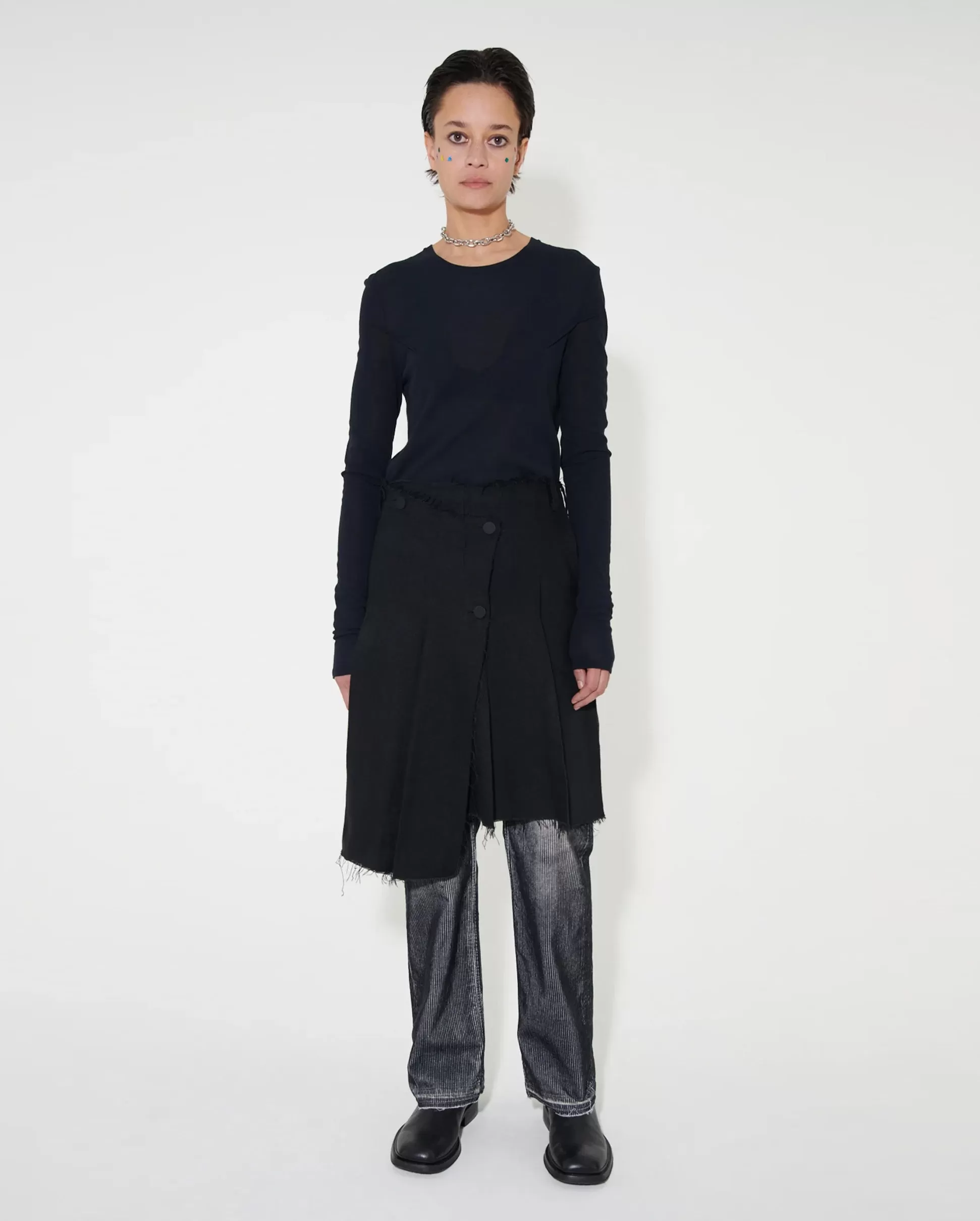 PLEATED WRAP SKIRT / BLACK LINEN