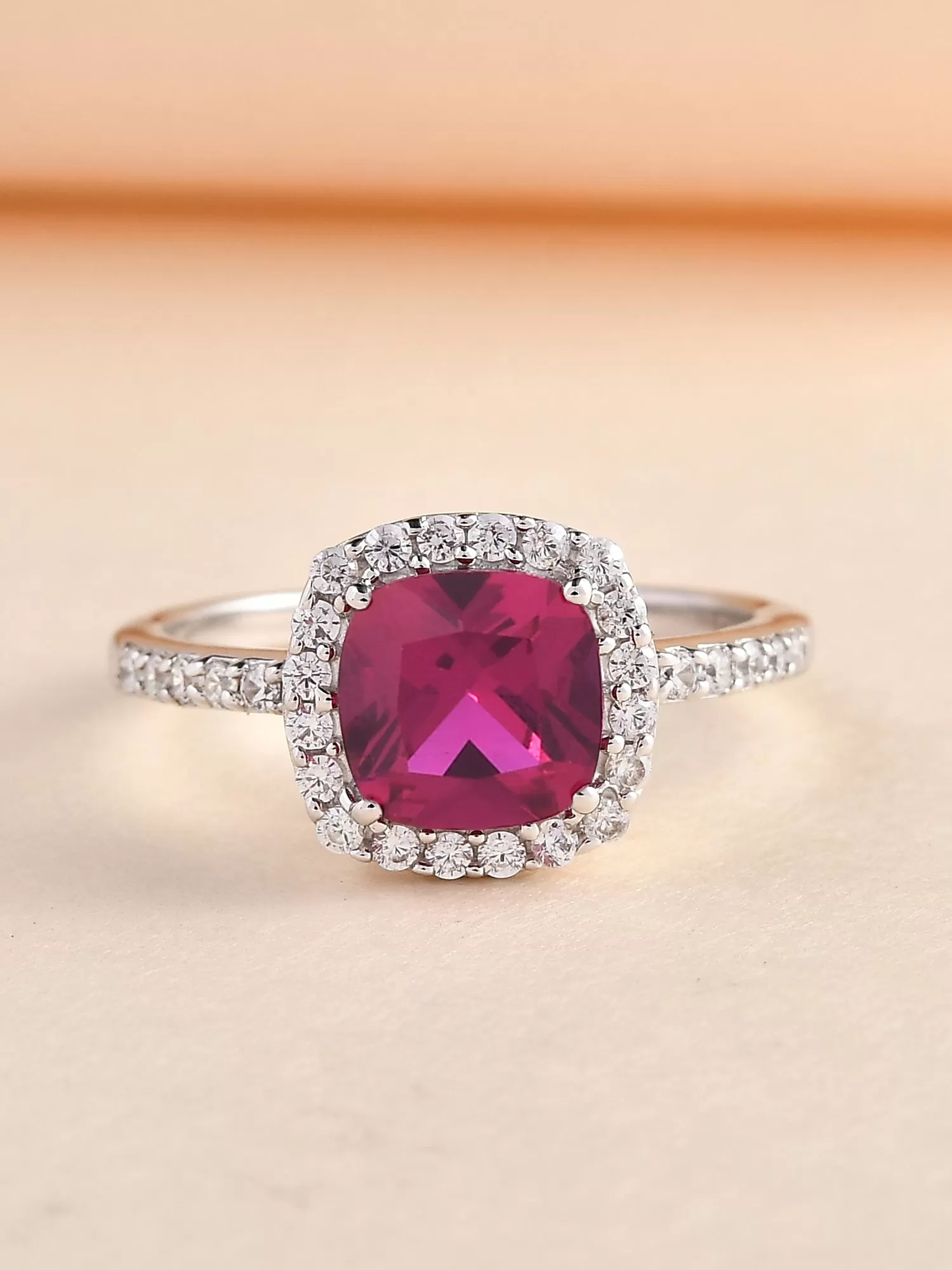 Princess Red Ruby Ring With American Diamond