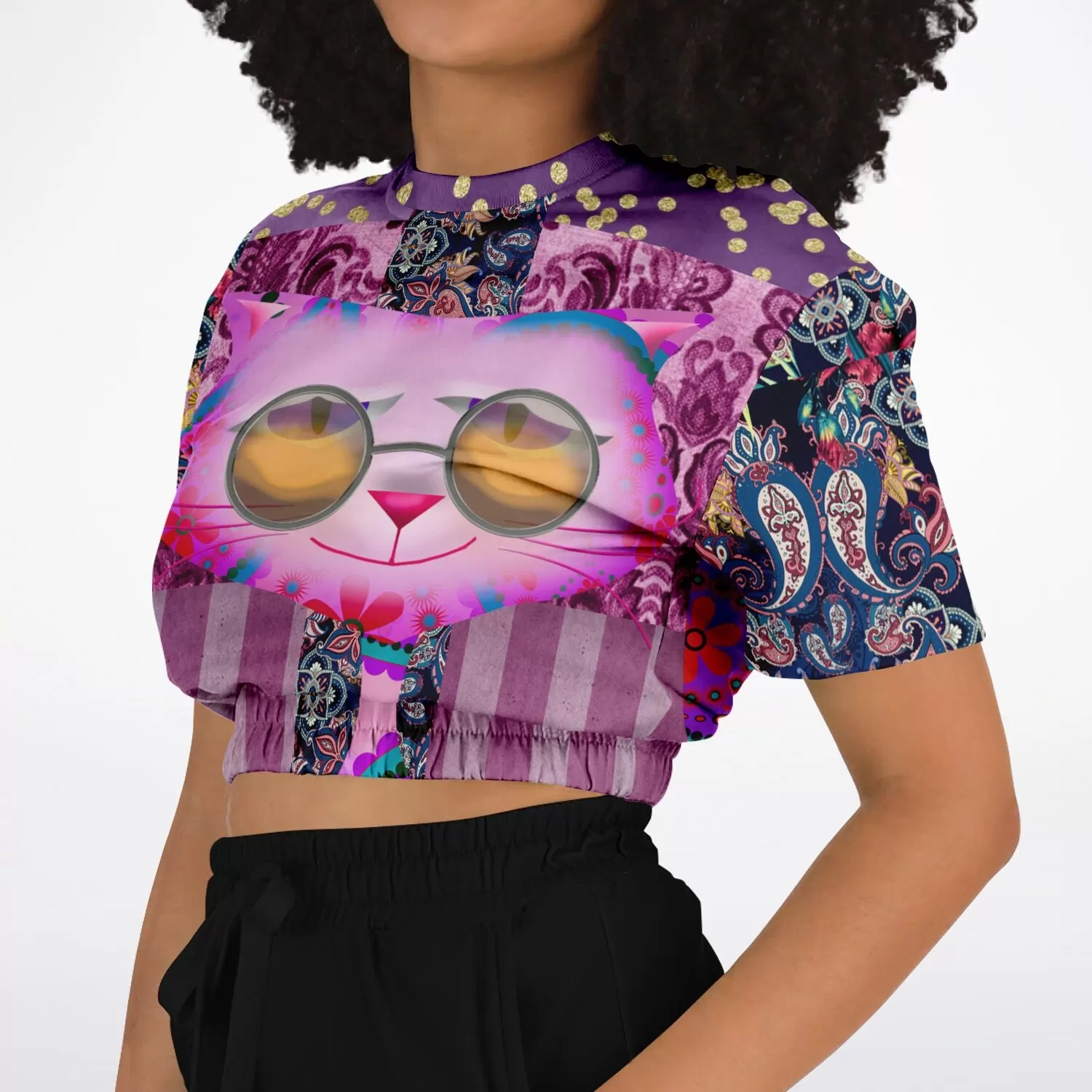 Purple Jamboree Short Sleeve Cropped Eco-Poly Sweater