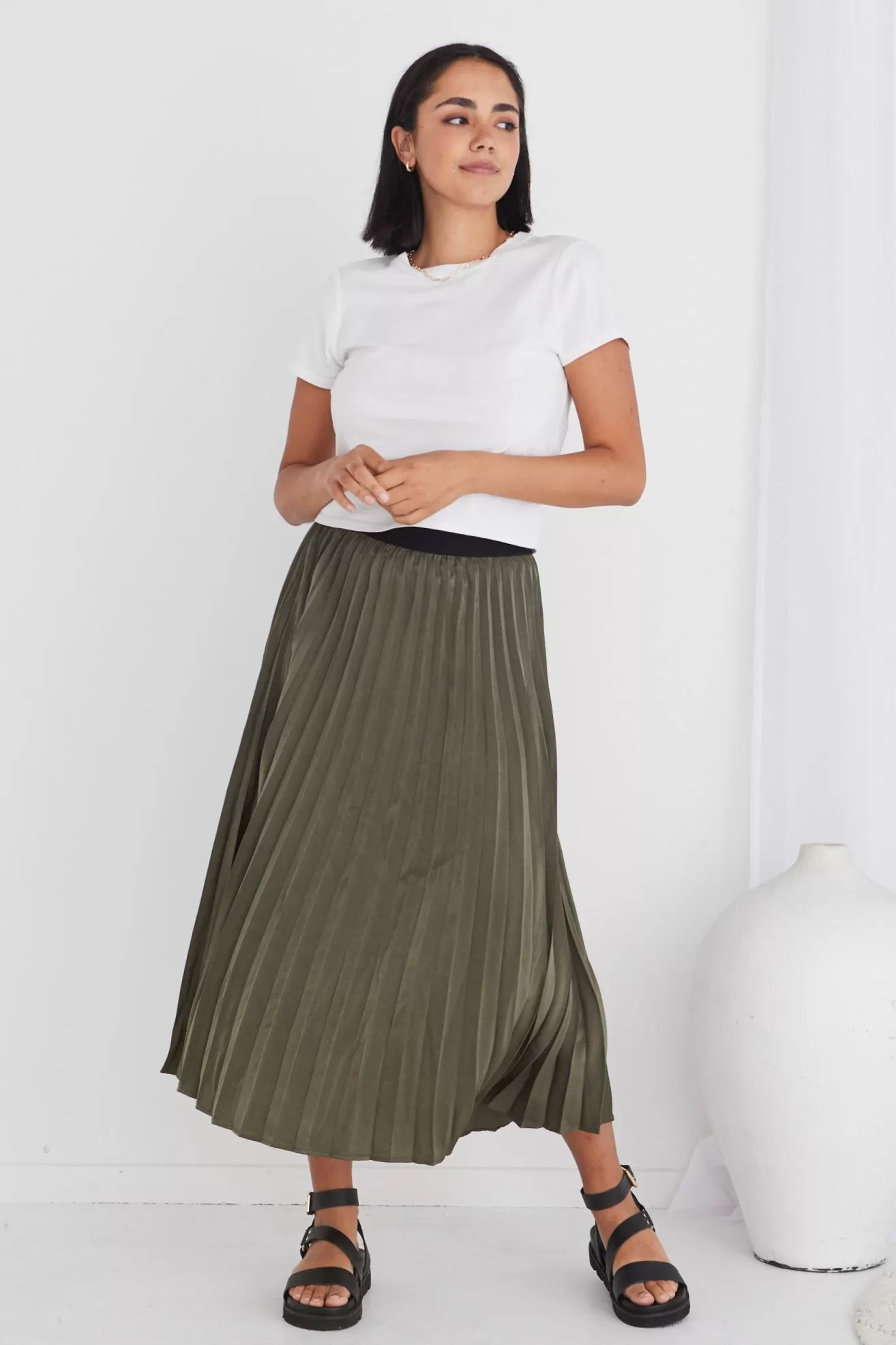 Radiant Moss Washer Satin Pleated Midi Skirt