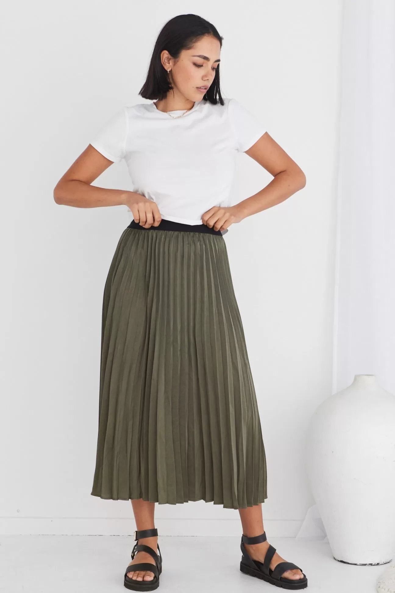 Radiant Moss Washer Satin Pleated Midi Skirt