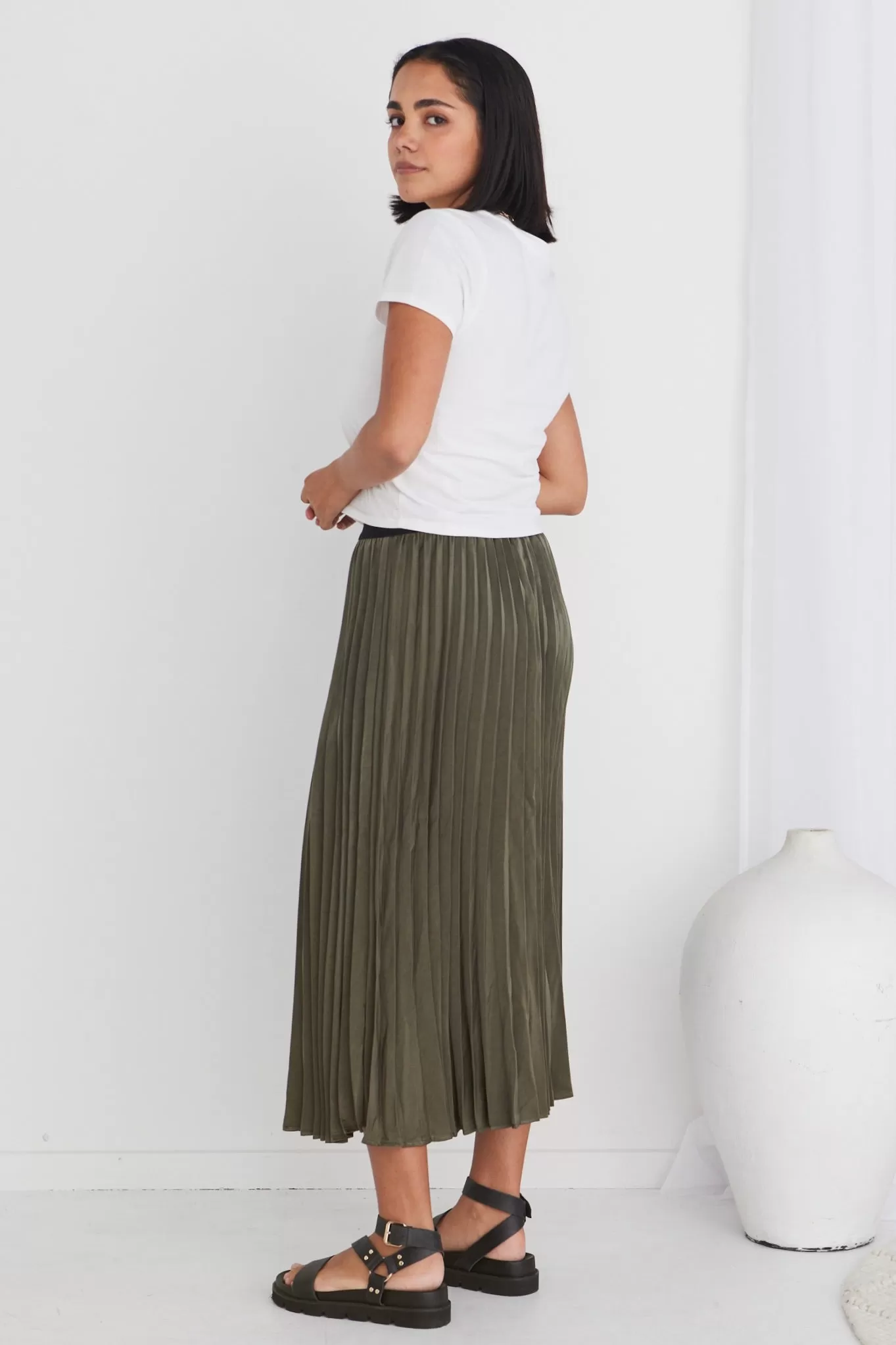 Radiant Moss Washer Satin Pleated Midi Skirt