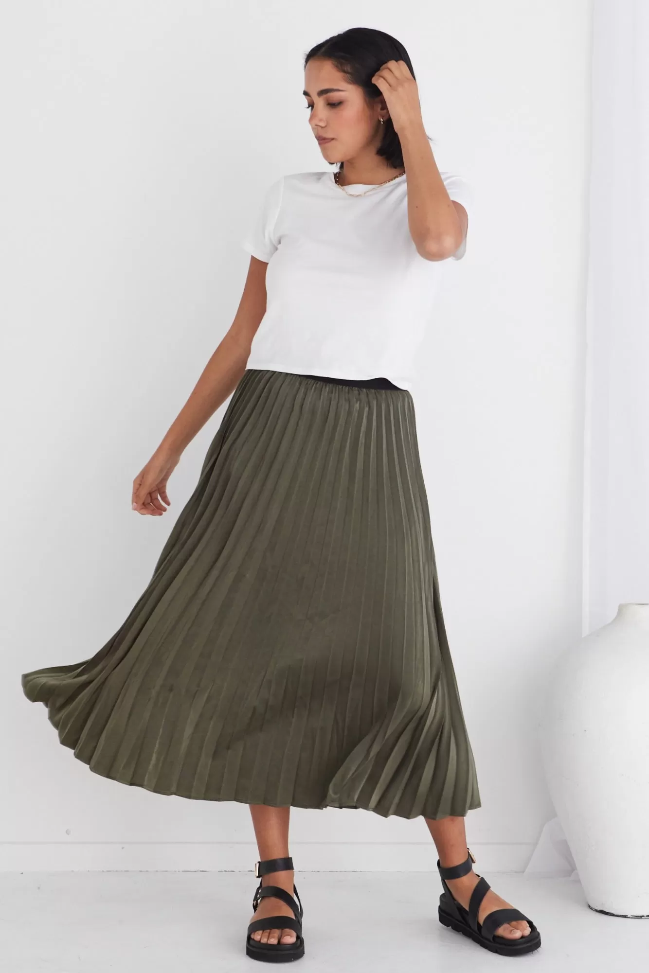 Radiant Moss Washer Satin Pleated Midi Skirt