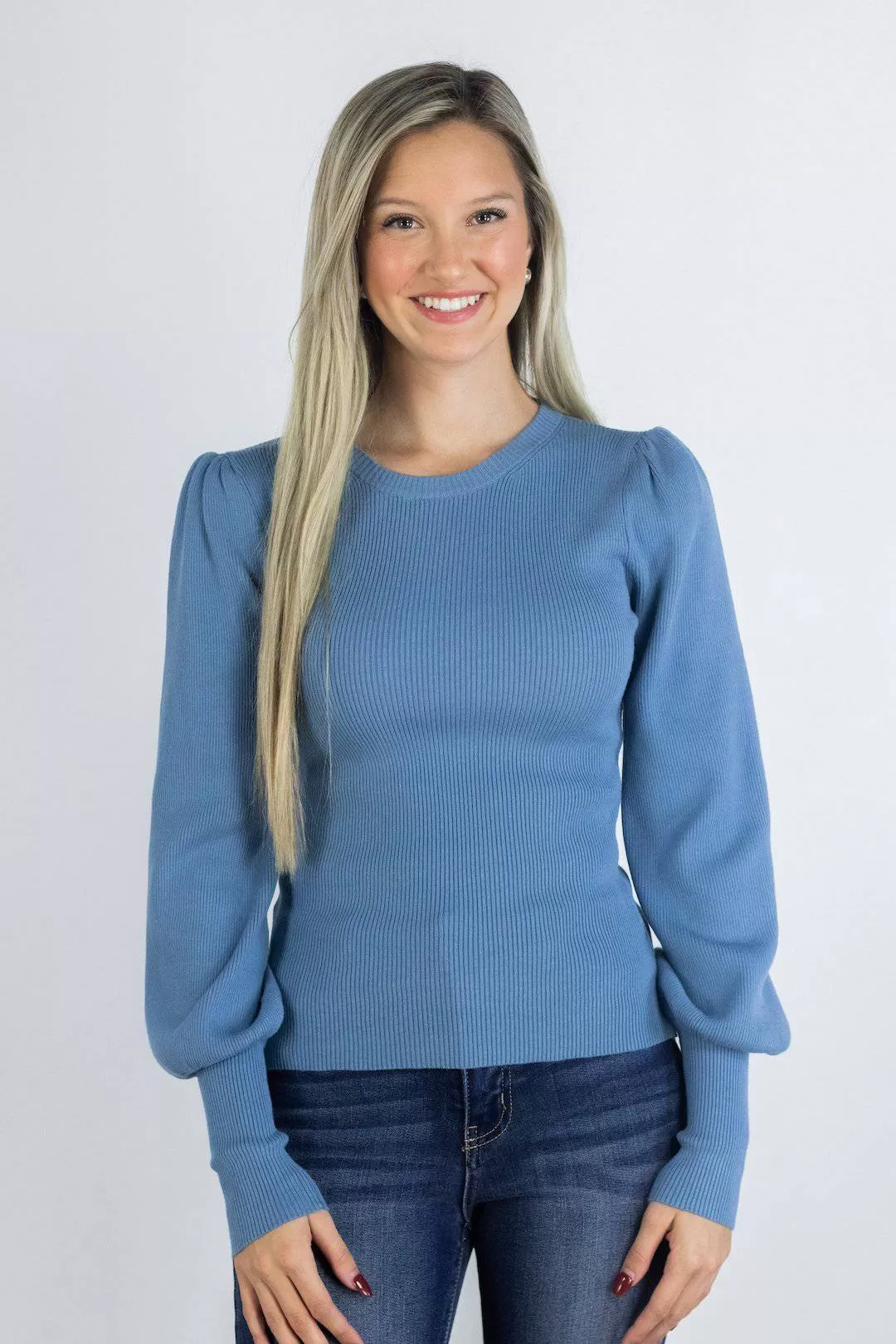 Ribbed Blue Balloon Sleeve Top