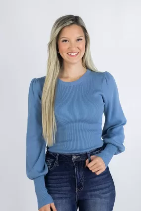 Ribbed Blue Balloon Sleeve Top