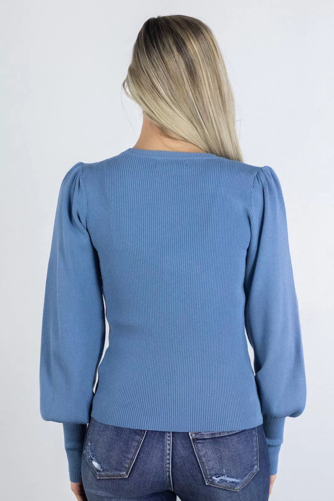 Ribbed Blue Balloon Sleeve Top