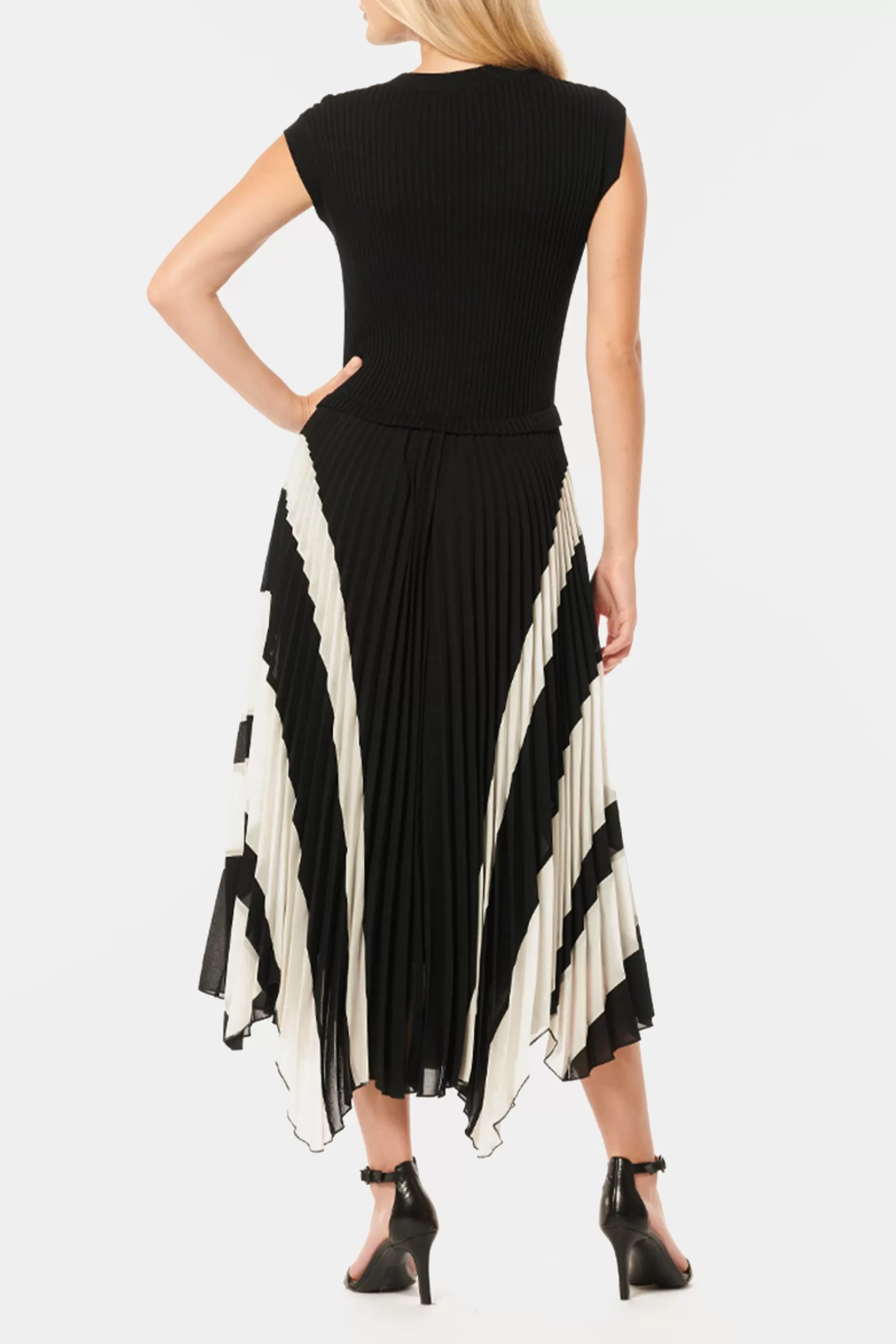 Ribbed Bodice Pleated Midi Dress