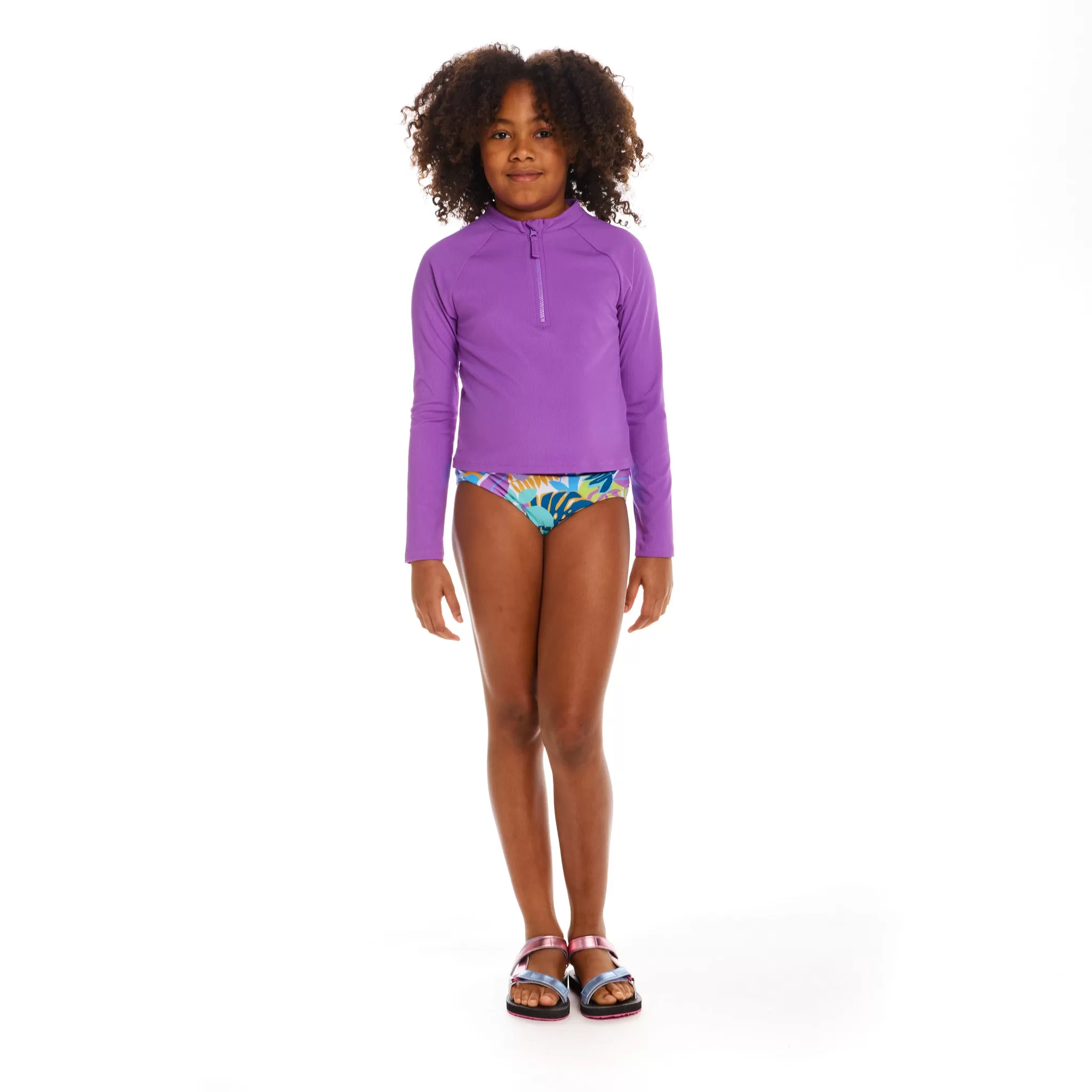 Ribbed Half-Zip Raglan Rashguard Top (Size 7-16 Years) | Purple