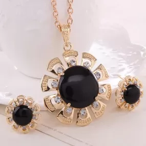 Rose Gold Black Crystal Pendant earring Necklace Set