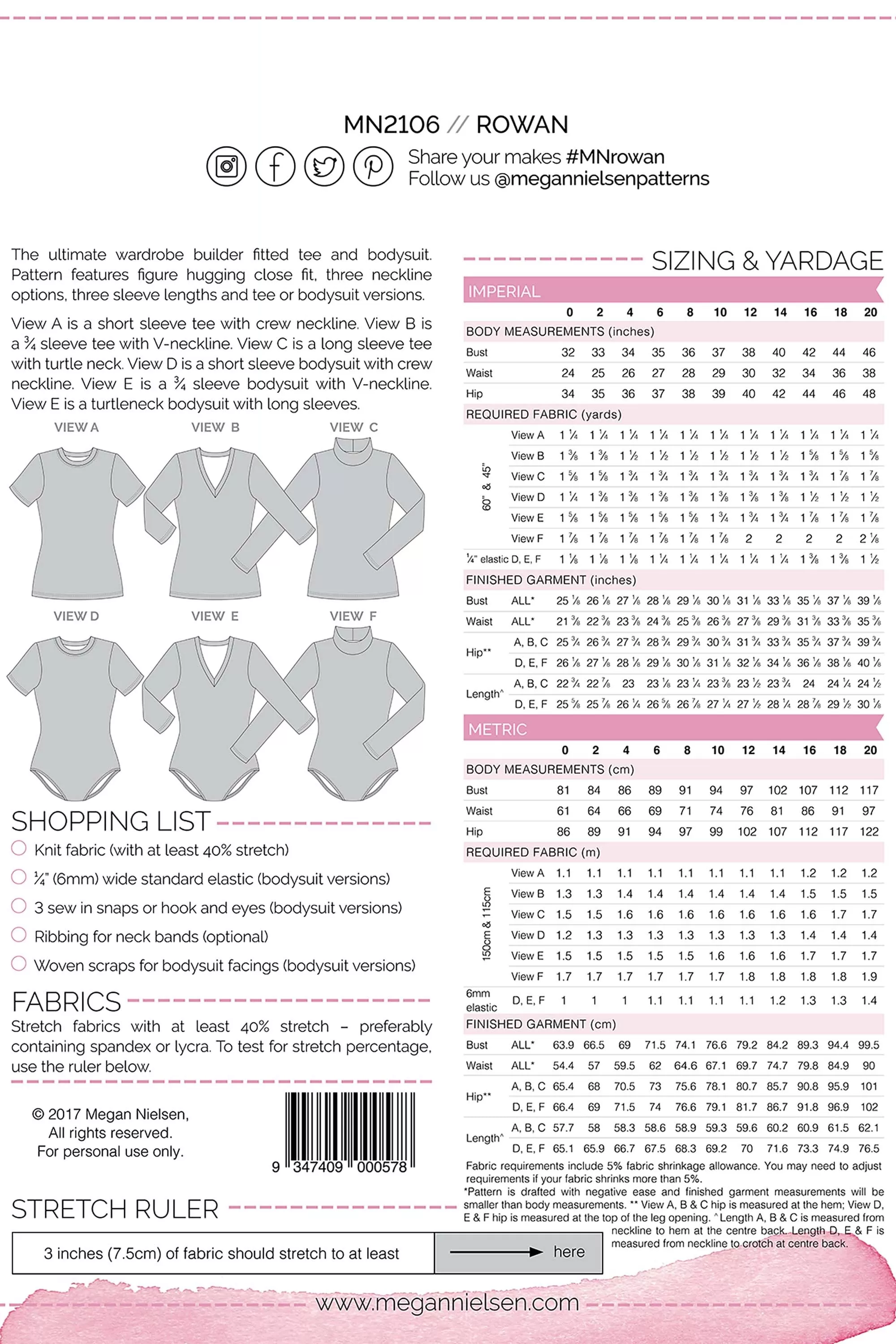 Rowan Bodysuit Sewing Pattern by Megan Nielsen Patterns, sizes 0-20