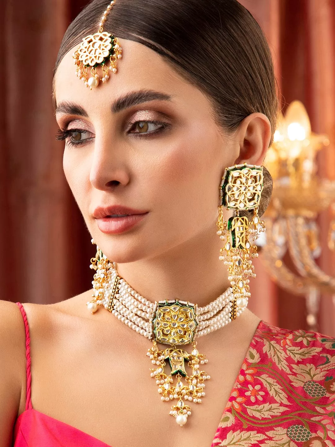 Rubans Gold Plated Kundan Choker Set With White Beads