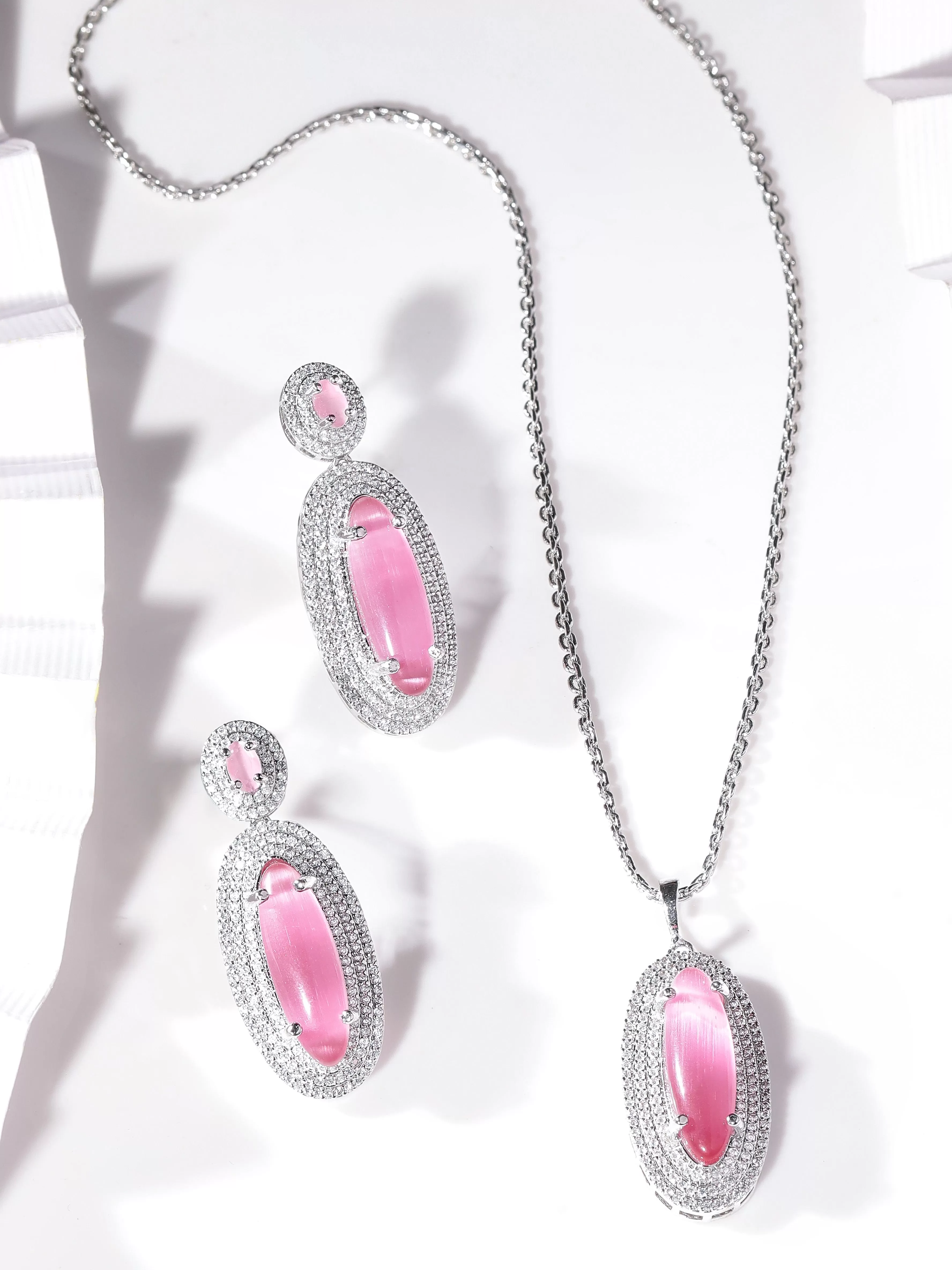 Rubans Rhodium plated Pink Crystal Zirconia studded Statement pendant Set